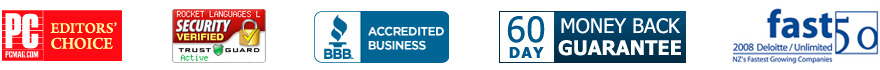 Better Business Bureau, Trust Guard - Security Verified, 60 Day - Money back Guarantee, PC Mag Editors' Choice, Deloitte Fast 50